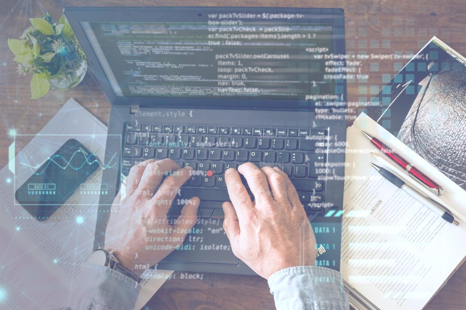 Mobile app development workspace showing code and design mockups
